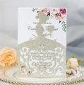 Golden glitter laser cut wedding invitation card with elegant bride silhouette and flowers - Glitter Cyan Gold