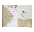 Pink laser-cut glitter wedding invitation set with floral inner cards and RSVP - Glitter Rose Gold
