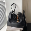 Retro black PU leather tote bag with tassel charm and gold hardware for women - With Charm / Black