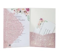 Pink laser-cut glitter wedding invitations set with floral insert cards and RSVP card - Glitter Pink