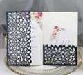 Navy laser-cut glitter wedding invitation with floral insert and RSVP card on elegant tray - Dark Blue