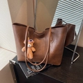 Vintage brown large capacity tote bag with long straps and a plush bear pendant - Brown