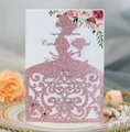 Pink glitter laser cut wedding invitation card featuring a bride silhouette and floral details - Glitter Pink