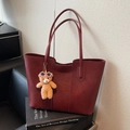 Retro burgundy large tote bag in faux leather featuring a cute teddy bear charm - Burgundy
