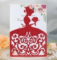 Laser cut wedding invitation featuring a red glitter bride silhouette and floral insert card - Glitter Red