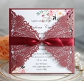 Burgundy laser-cut wedding invitation set with floral inner page and satin ribbon - Dark Red
