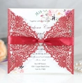 Elegant laser cut red wedding invitation set with glitter cover and satin bow decoration - Glitter Red