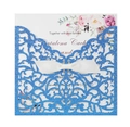 Laser-cut glitter blue wedding invitation card with white ribbon bow and floral insert - Sapphire Blue