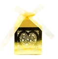 Golden laser-cut wedding favor box with heart pattern and yellow organza ribbon - Reflective Gold