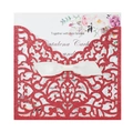 Detail of red glitter laser-cut wedding invitation with white satin bow and floral insert - Red