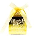 Elegant ivory hollow wedding favor box with gold lace pattern and yellow ribbon bow - Reflective Gold