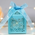 Sky blue laser-cut hollow wedding favor box with floral pattern and ribbon bow - Tiffany Blue