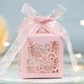 Elegant ivory laser-cut wedding candy box with pink ribbon and floral pattern - Pink