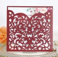 Burgundy laser-cut wedding invitation with hollow heart pattern and floral inner card - Dark Red