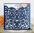 Navy blue pearlescent paper wedding invitation with laser-cut heart patterns and floral insert - Deep Blue