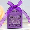 Deep purple laser-cut wedding favor box with floral patterns and matching silk ribbon - Dark Purple