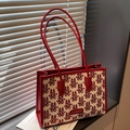 Borsa tote da sposa rossa con jacquard festivo della felicità e manici in pelle - Stile Jacquard (Stile 1)
