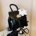 Retro black mini bucket backpack with cute cartoon puppy patch and plush pendant charm - With Charm / Black