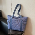 Chic blue quilted puffer tote bag with large capacity and side zipper pockets for travel - Blue