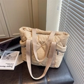 Quilted tote bag in beige nylon with large diamond stitching and multi-pocket design - Khaki