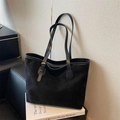 Vintage large black tote bag in matte suede leather with adjustable gold metal buckle - Black