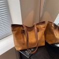 Brown vintage suede tote bag with leather straps and gold buckle details - Brown