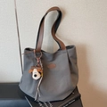 Dark grey canvas tote bag with brown leather straps and a cute dog plush charm - With Charm / Dark Gray With Charm