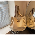 Minimalist beige canvas tote bag with brown leather handles and pleated design - With Charm / Khaki with Pendant