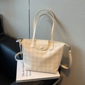 Sac cabas chic à carreaux crème avec poignées et bandoulière réglable pour femmes - Blanc Cassé