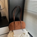 Brown faux suede Boston style handbag with adjustable shoulder strap in minimalist design - Brown