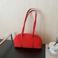 Vintage red suede baguette handbag with slim shoulder straps and minimalist retro design - Red