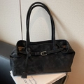 Sac cabas noir rétro en daim avec boucle argentée et grande capacité pour femmes - Noir