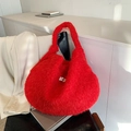 Fuzzy faux fur tote bag in bright red with large capacity and plush shoulder strap - Red