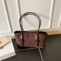 Dark brown suede shoulder tote bag featuring vintage quilted stitching and knot detail - No Pendant / Coffee
