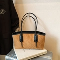 Quilted brown nubuck leather tote bag with black straps and elegant gold accents - No Pendant / Brown