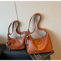Vintage caramel brown crescent shoulder bag in two sizes with plush doll charm - Brown Large