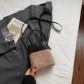 Quilted tan suede and black leather mini bucket bag with adjustable crossbody strap - Khaki (No Pendant)