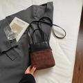 Retro bucket bag with black leather and brown quilted suede patchwork design - Coffee without Pendant