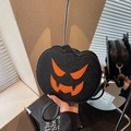 Halloween pumpkin shoulder bag in black faux leather with orange devil smile print - Black