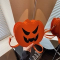 Cute orange pumpkin shoulder bag for Halloween with black devil face and cross-grain leather - Orange