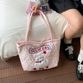 Close-up of pink quilted tote bag with heart patterns and plush cat embroidery - Pink Cat