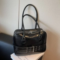 Borsa tote retrò in ecopelle nera con tripli cinturini con fibbia e doppi manici - Nero