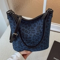 Blue leopard print denim bucket bag with adjustable black leather shoulder strap - Blue