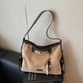 Large beige suede tote bag with brown leather trim and decorative bead charms - Camel With Charms