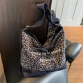 Leopard print denim tote bag with drawstring detail and blue contrast panels - Blue