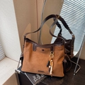 Large tan faux suede tote bag with leather trim and decorative beaded charm - Brown with Pendant