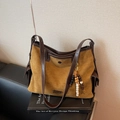 Vintage brown suede large capacity tote bag with dark leather straps and beaded charm - Yellow Brown With Pendant