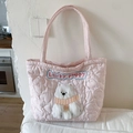 Pink heart quilted tote bag featuring a lucky puppy plush patch and shoulder strap - Pink Dog