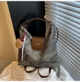 Taupe canvas tote bag with brown leather handles and a bear charm pendant - With Charm / Dark Brown