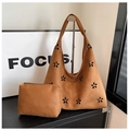 Caramel brown suede tote bag with laser-cut floral details and matching inner pouch - Tan